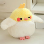 Yellow plush bird toy with red cheek circles, pink blush, and orange feet