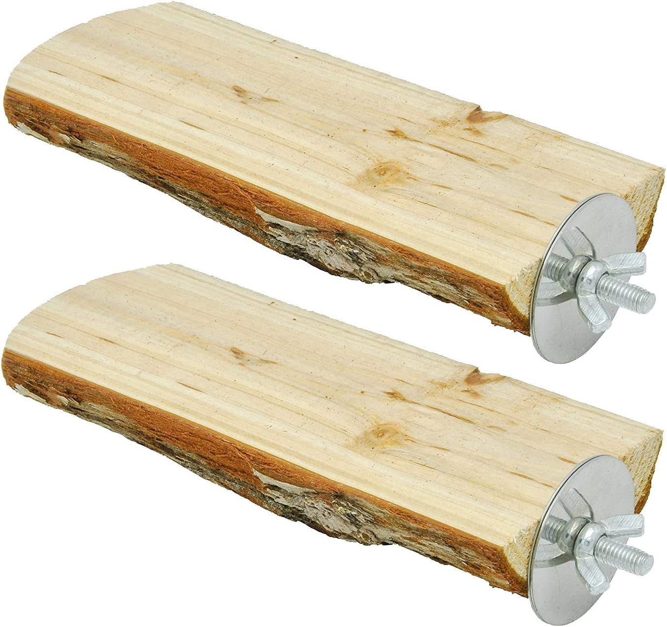 Natural wood bird perch set with two screw-on metal brackets, flat log platform.