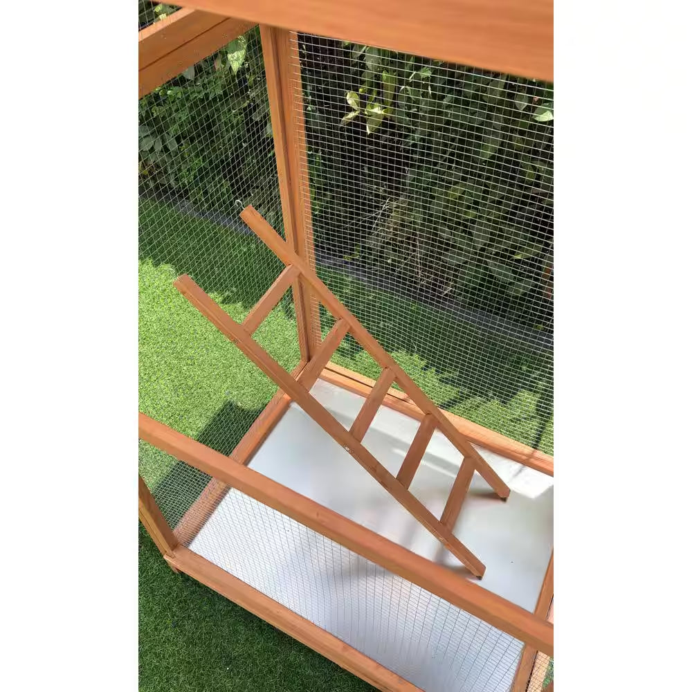 Wood bird aviary ramp with wire mesh enclosure and front base tray