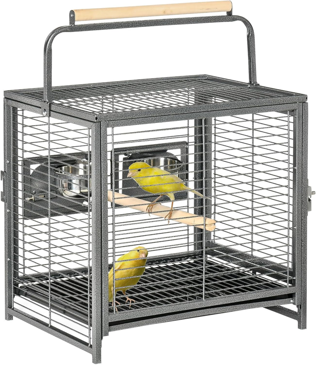 Black wrought iron bird travel carrier with wire sides, stacked interior, and top handle