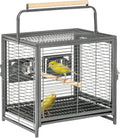 Black wrought iron bird travel carrier with wire sides, stacked interior, and top handle