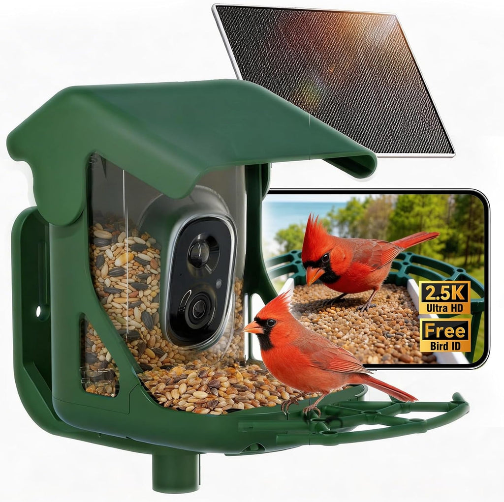 Green solar bird feeder camera with side lens and seed tray, red birds feeding