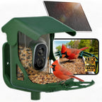 Green solar bird feeder camera with side lens and seed tray, red birds feeding