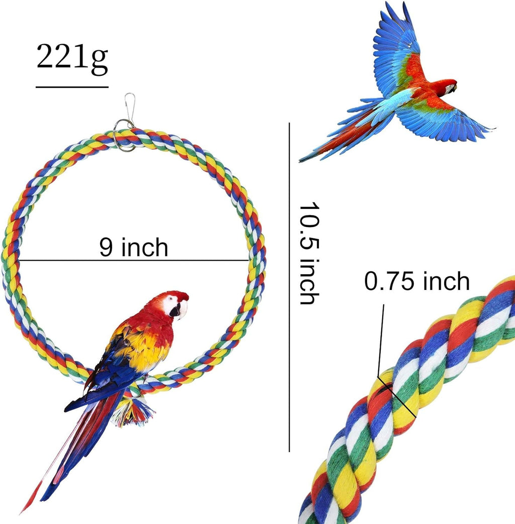 Braided rope bird swing ring with metal clips, shown with parrot perched
