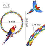 Braided rope bird swing ring with metal clips, shown with parrot perched