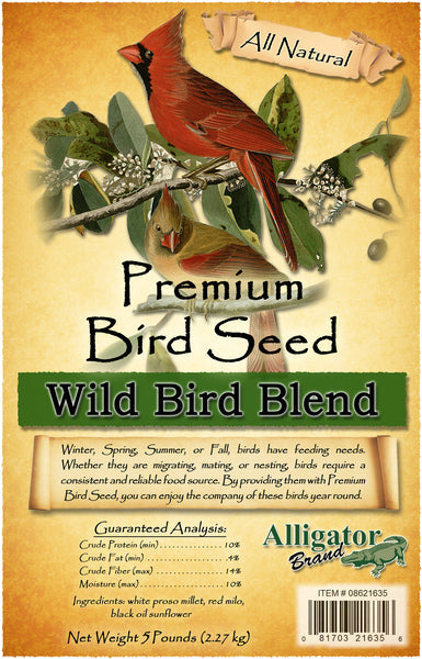 All Natural Premium Bird Seed Wild Bird Blend bag label, Alligator Brand, 5 lb