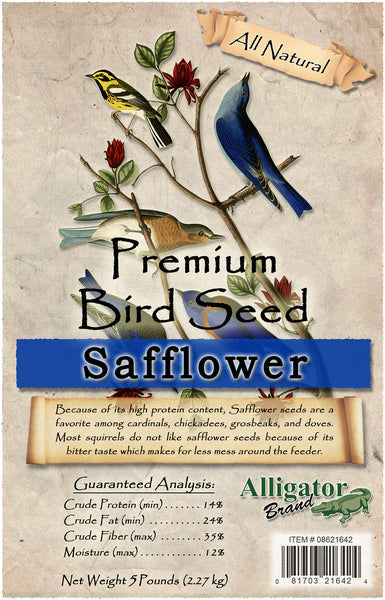 All Natural Premium Bird Seed safflower label on Alligator Brand 5 lb bag
