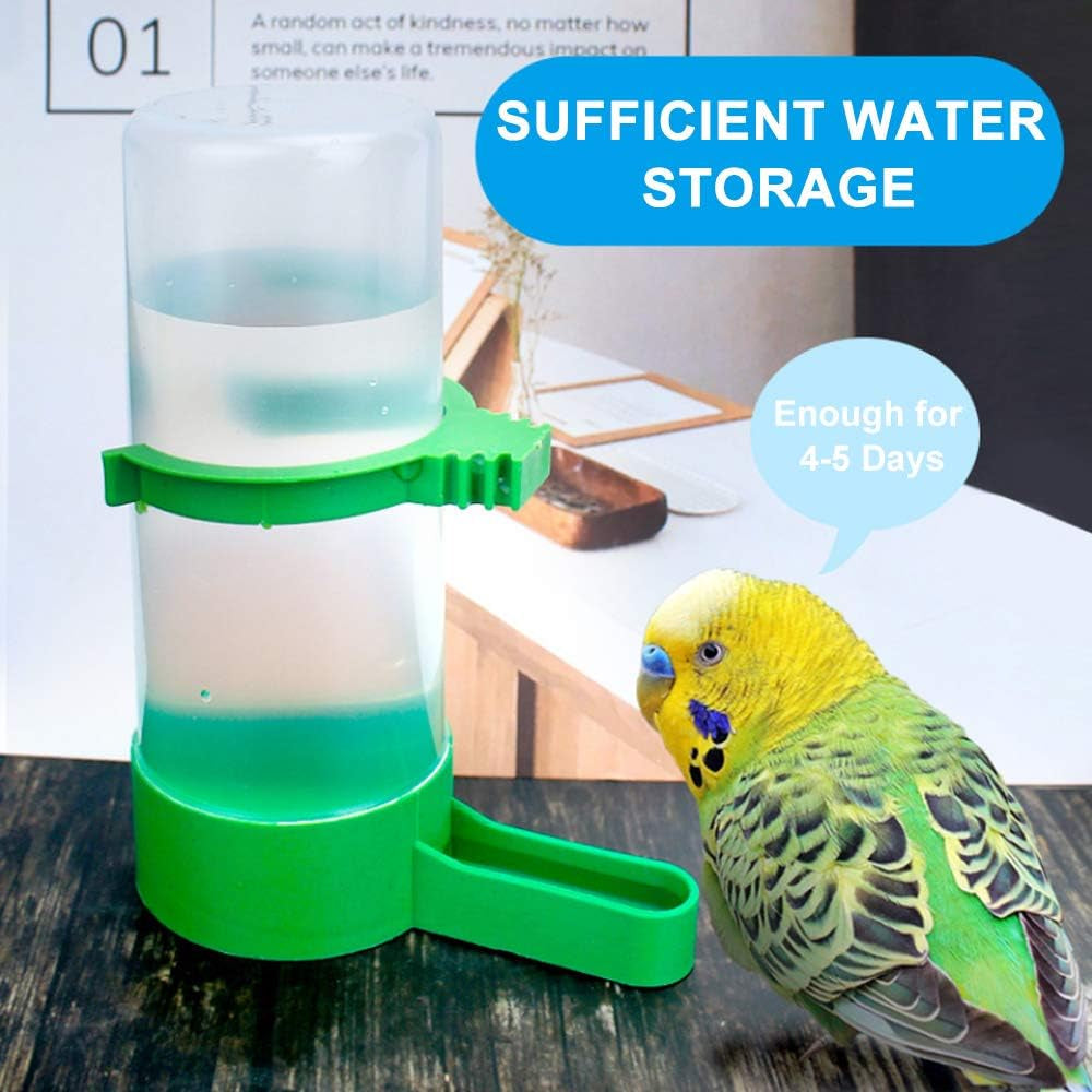 Transparent bird water dispenser with green base and attached outlet cup