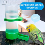 Transparent bird water dispenser with green base and attached outlet cup