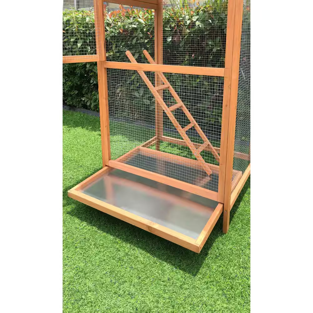 Wood bird aviary cage with slide-out tray and diagonal ramp under wire mesh