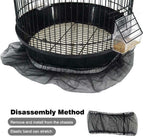 Bird cage seed catcher skirt with elastic band, black mesh covering cage bottom