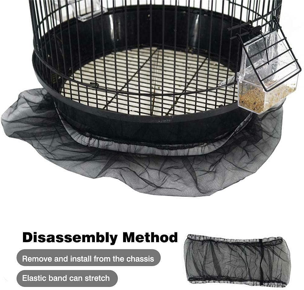 Bird cage seed catcher skirt with elastic band, black mesh covering cage bottom