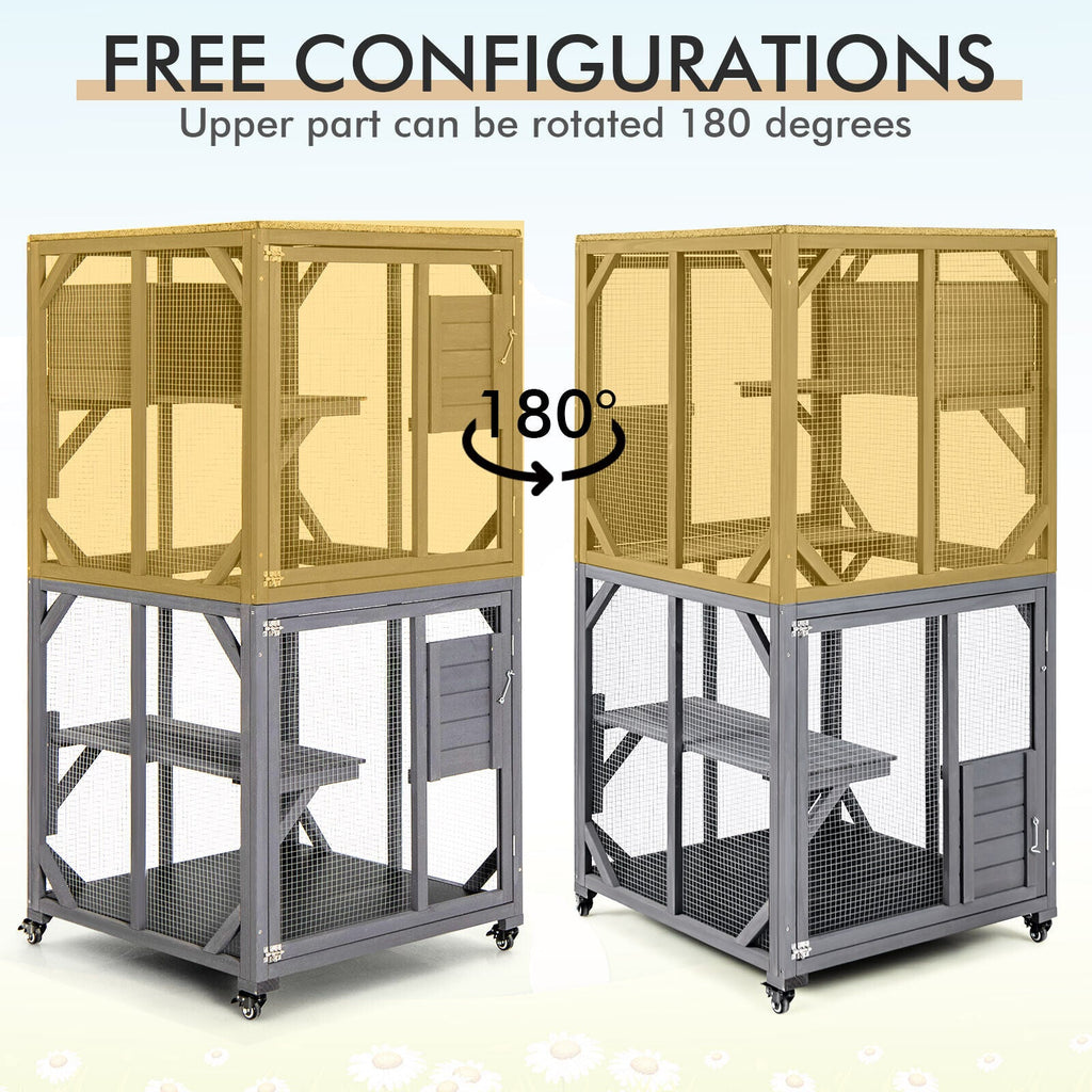 Adjustable two-part pet aviary with wire mesh panels and sliding upper section on casters