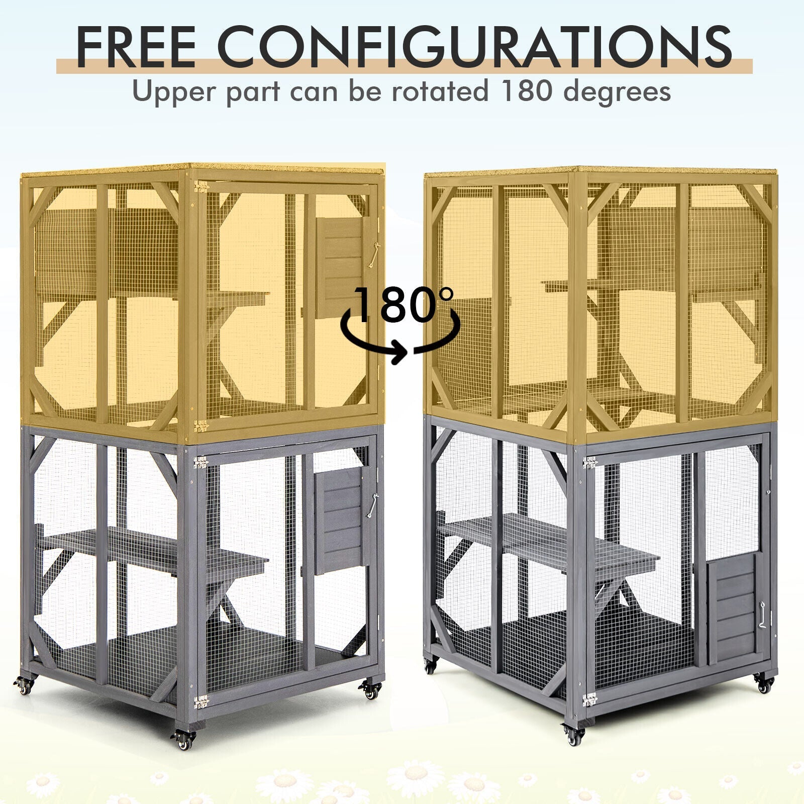 Adjustable two-part pet aviary with wire mesh panels and sliding upper section on casters