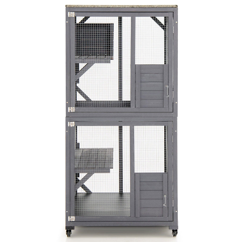 Gray double-door bird or cat aviary with wire mesh panels and built-in nesting box