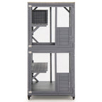 Gray double-door bird or cat aviary with wire mesh panels and built-in nesting box