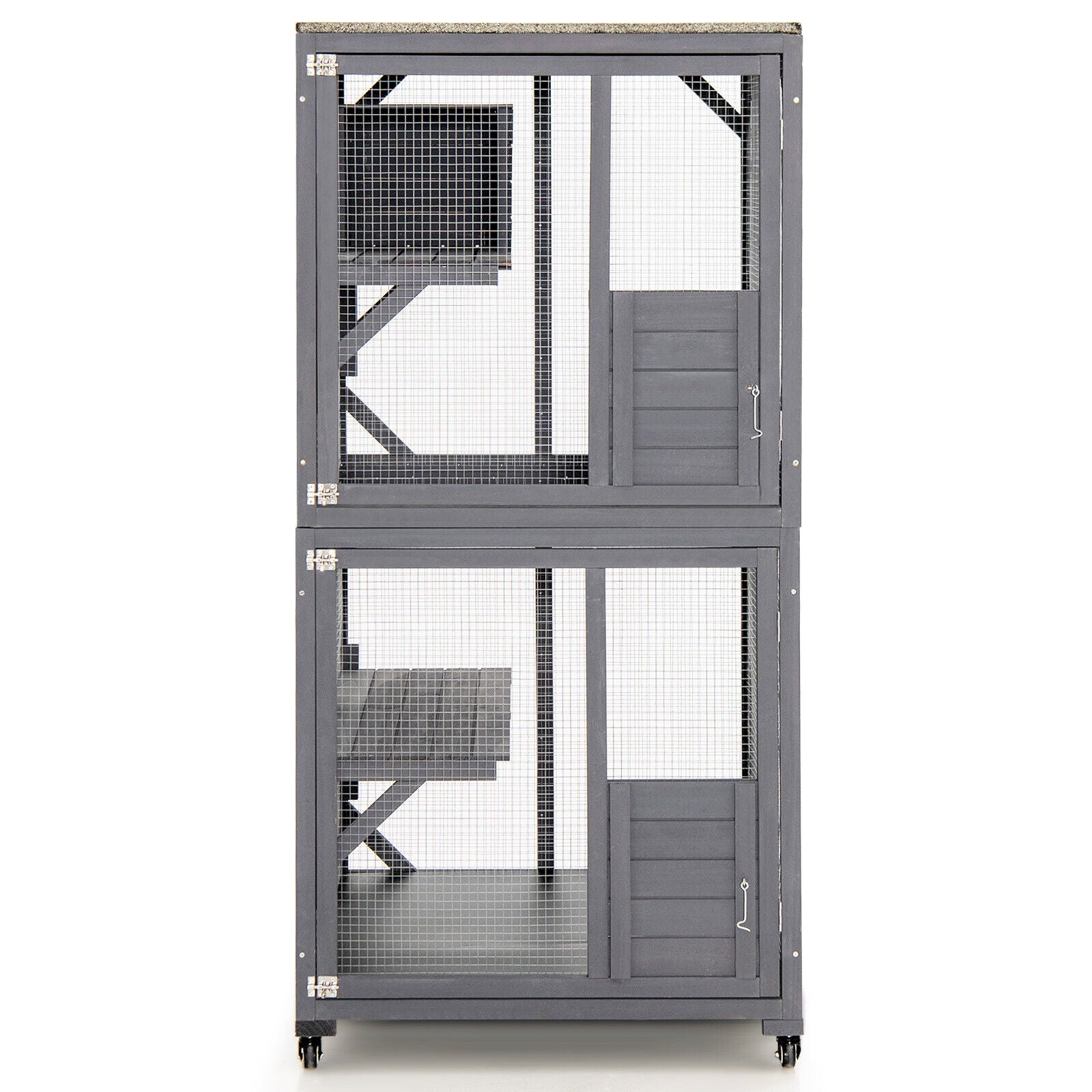 Gray double-door bird or cat aviary with wire mesh panels and built-in nesting box