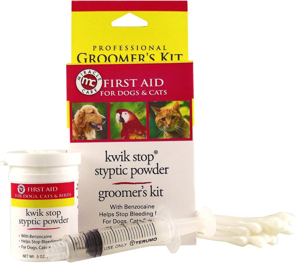 Front view: Kwik Stop styptic powder groomer's kit with bottle and applicator.