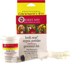 Front view: Kwik Stop styptic powder groomer's kit with bottle and applicator.