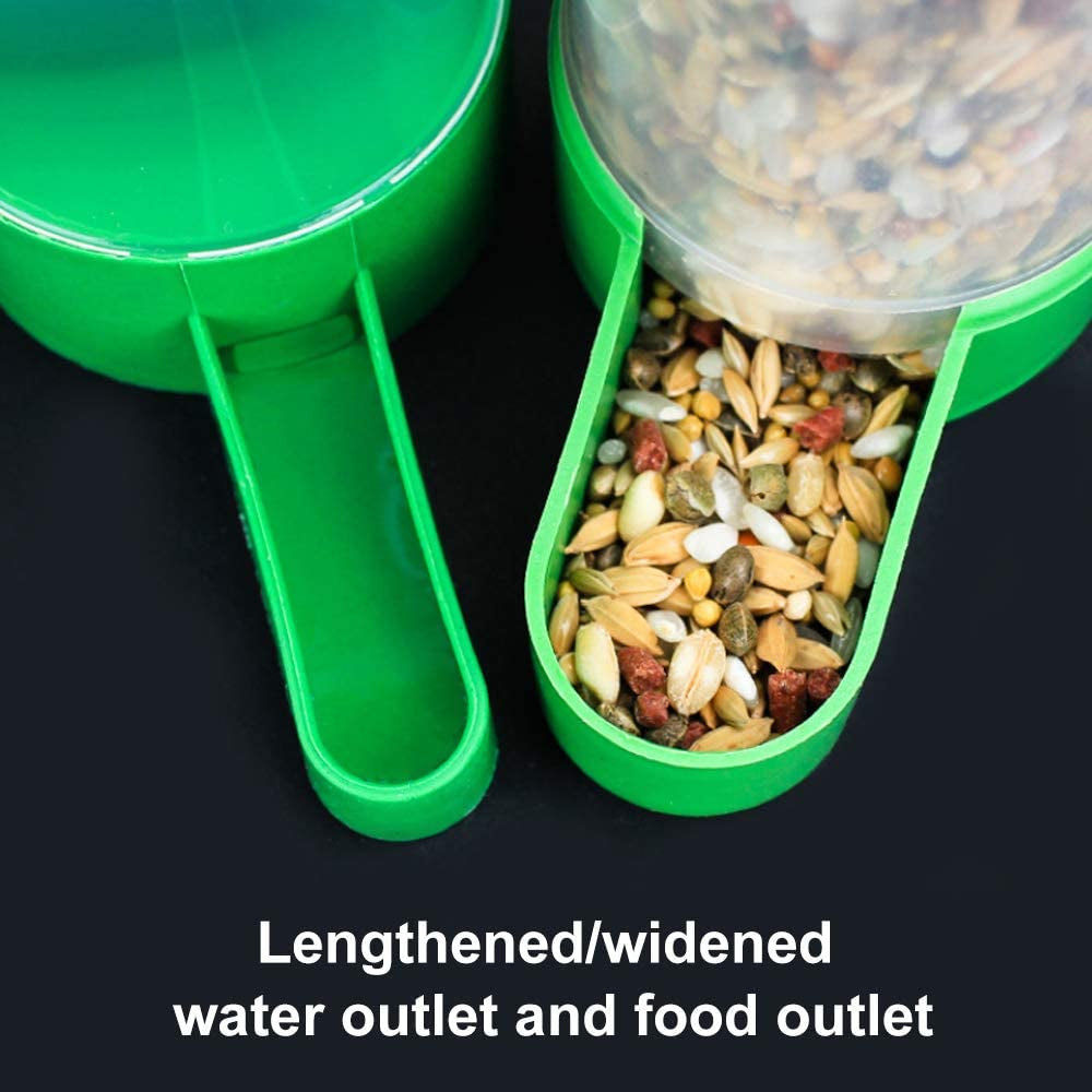 Close-up of green outlet and feeder chute for seed and water dispenser set