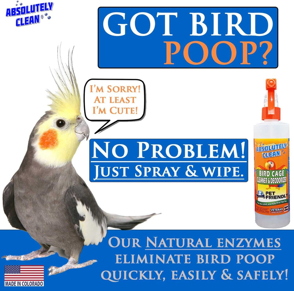 Bird cage cleaner bottle with pet-friendly label, displayed with a bird and slogan graphic.
