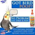 Bird cage cleaner bottle with pet-friendly label, displayed with a bird and slogan graphic.