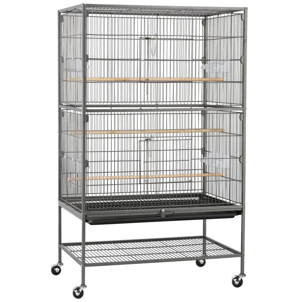 Gray wire birdcage with two interior perches and hinged door, on casters