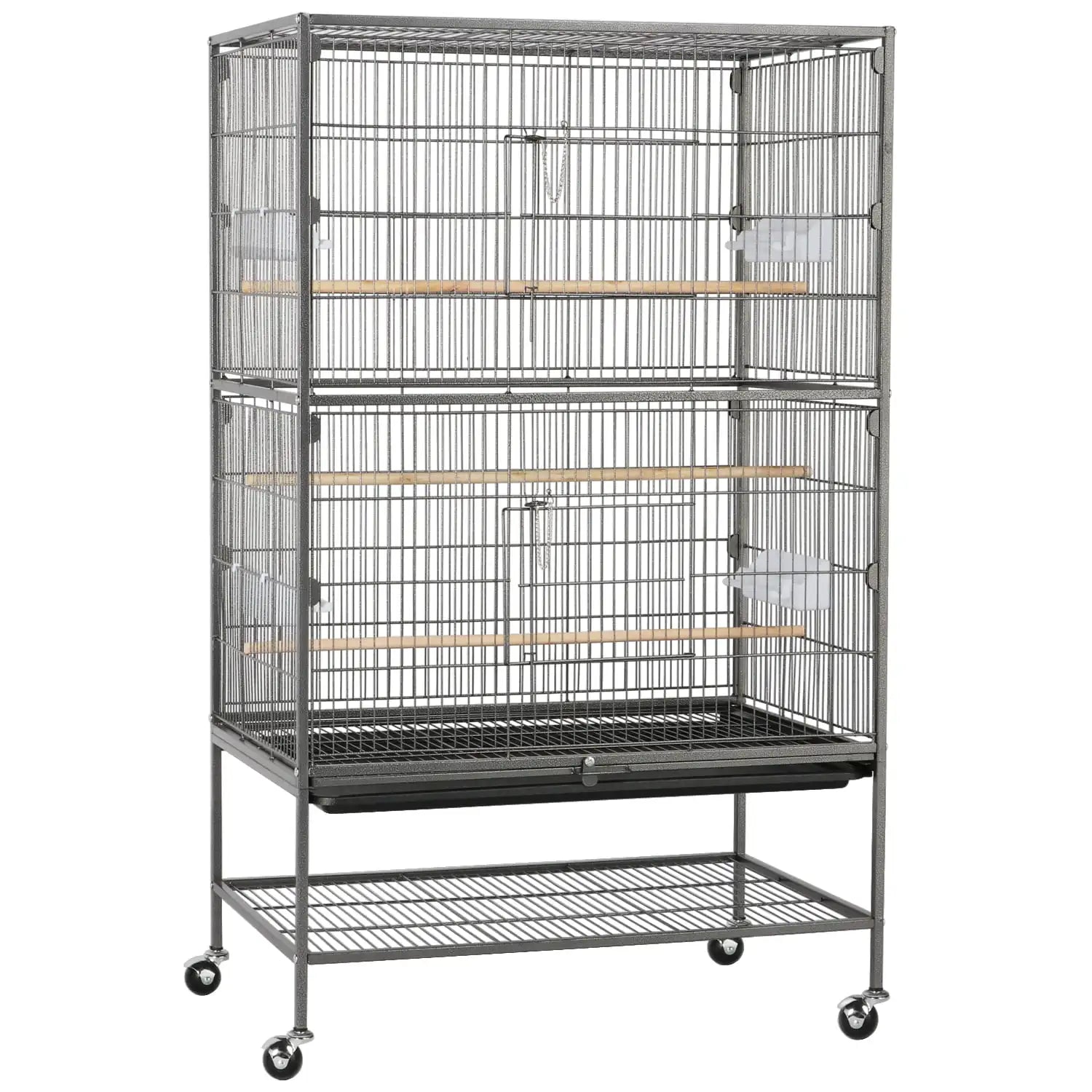 Gray wire birdcage with two interior perches and hinged door, on casters