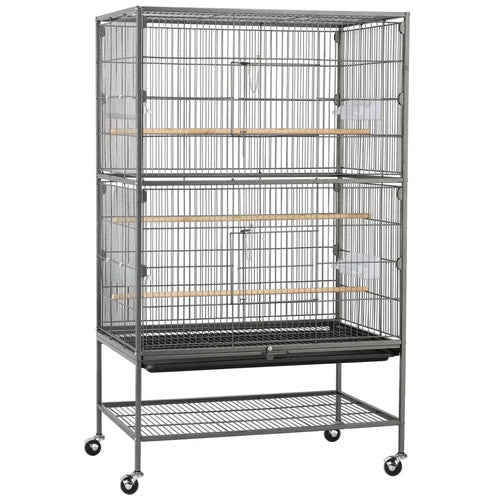Gray wire birdcage with two interior perches and hinged door, on casters