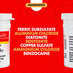 Styptic powder ingredients: ferric subsulfate, benzocaine, aluminum chloride, copper sulfate.