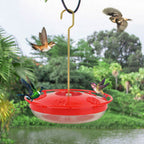 Red hummingbird feeder with clear base and hanging hook, hummingbirds in flight