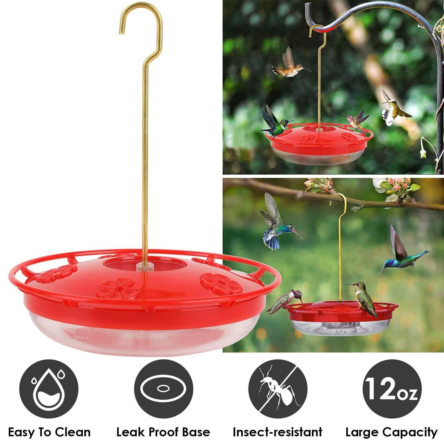 Red hummingbird dish feeder hanging outdoors with hummingbirds around flower ports