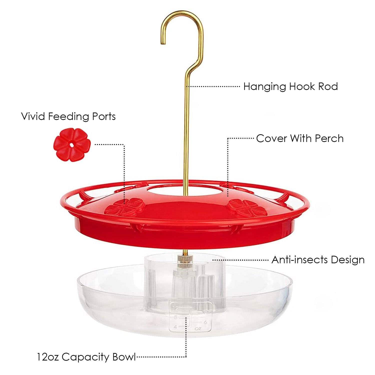 Red feeding dish with flower ports, clear anti-insect reservoir, and hanging hook