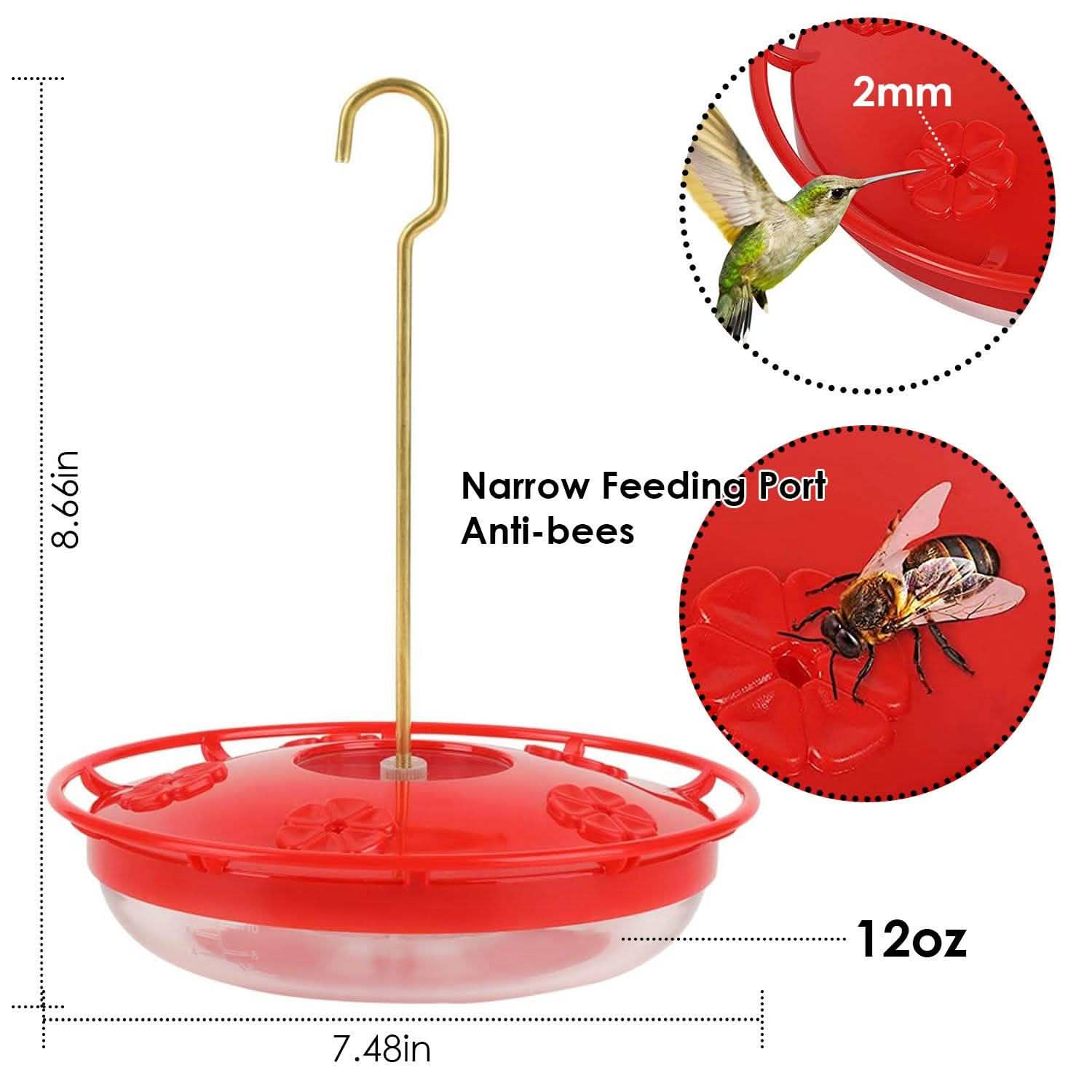 Red hummingbird dish feeder with narrow feeding ports and anti-insect design