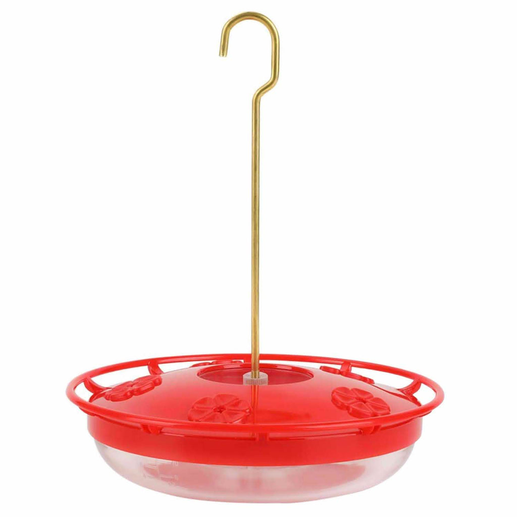 Red hummingbird dish feeder with hanging hook and clear 12 oz reservoir