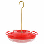 Red hummingbird dish feeder with hanging hook and clear 12 oz reservoir
