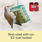 Wild bird suet cake in a hanging metal suet basket, with a woodpecker nearby