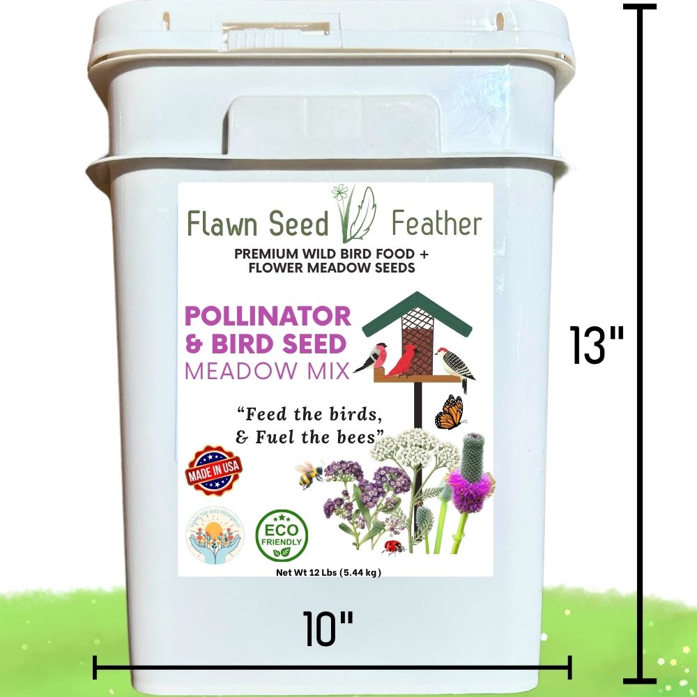 Bird seed and wildflower habitat mix tub, white container with front label