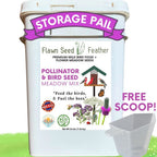 Storage pail for bird seed meadow mix, white bucket with handle and purple label