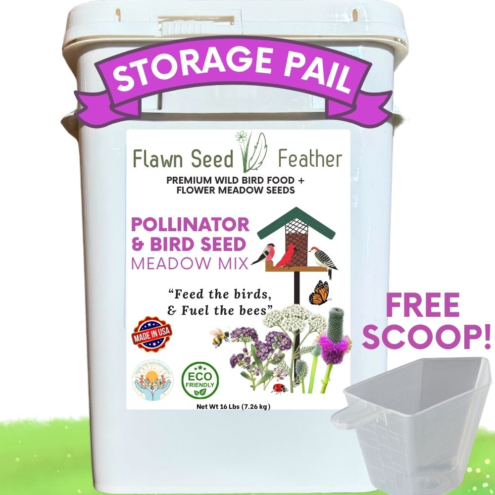 Storage pail for bird seed meadow mix, white bucket with handle and purple label