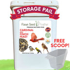 White storage pail for wild bird food with included scoop cup, cardinal and finch feast
