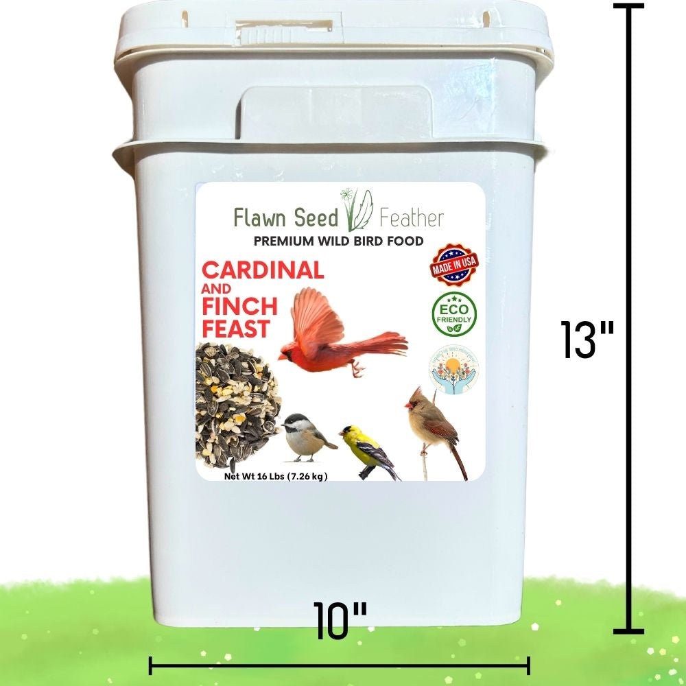 Cardinal and finch bird seed blend white plastic bucket, front label