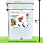 White bird seed blend bucket with front label and lid