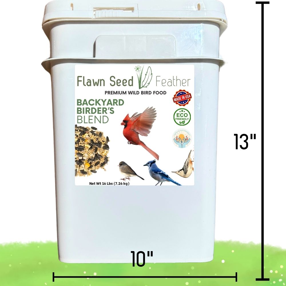 White bird seed blend bucket with front label and lid