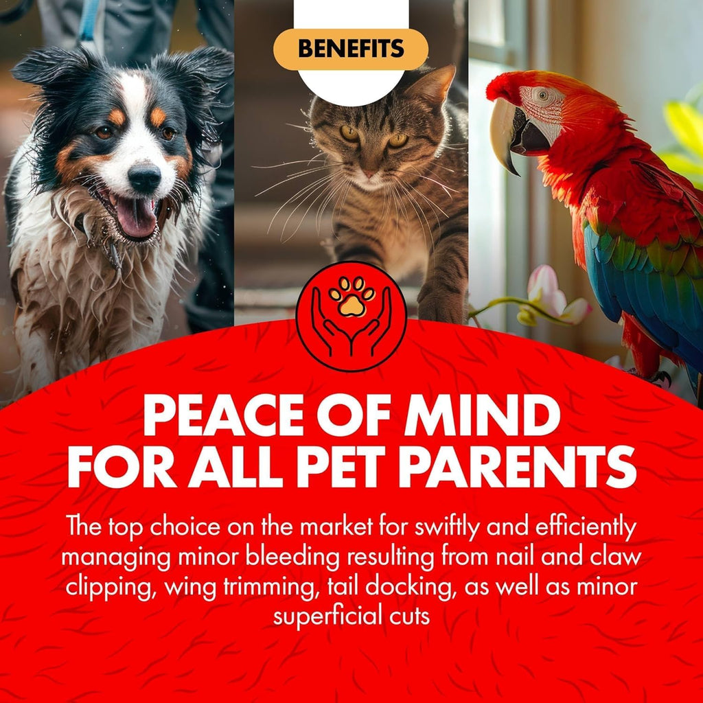 Pet grooming first-aid benefits for nail, claw, and minor cuts, with paw icons.