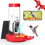Red 20oz hummingbird feeder with solar camera, Wi‑Fi lens, and flower base
