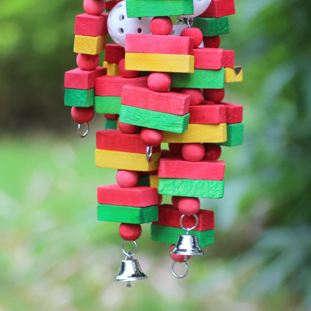 Parrot wooden foraging toy with multicolor wooden blocks, hanging bells, and metal chain links