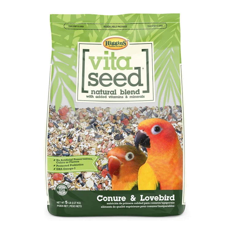 Vita Seed conure and lovebird natural blend bird food bag, green and white