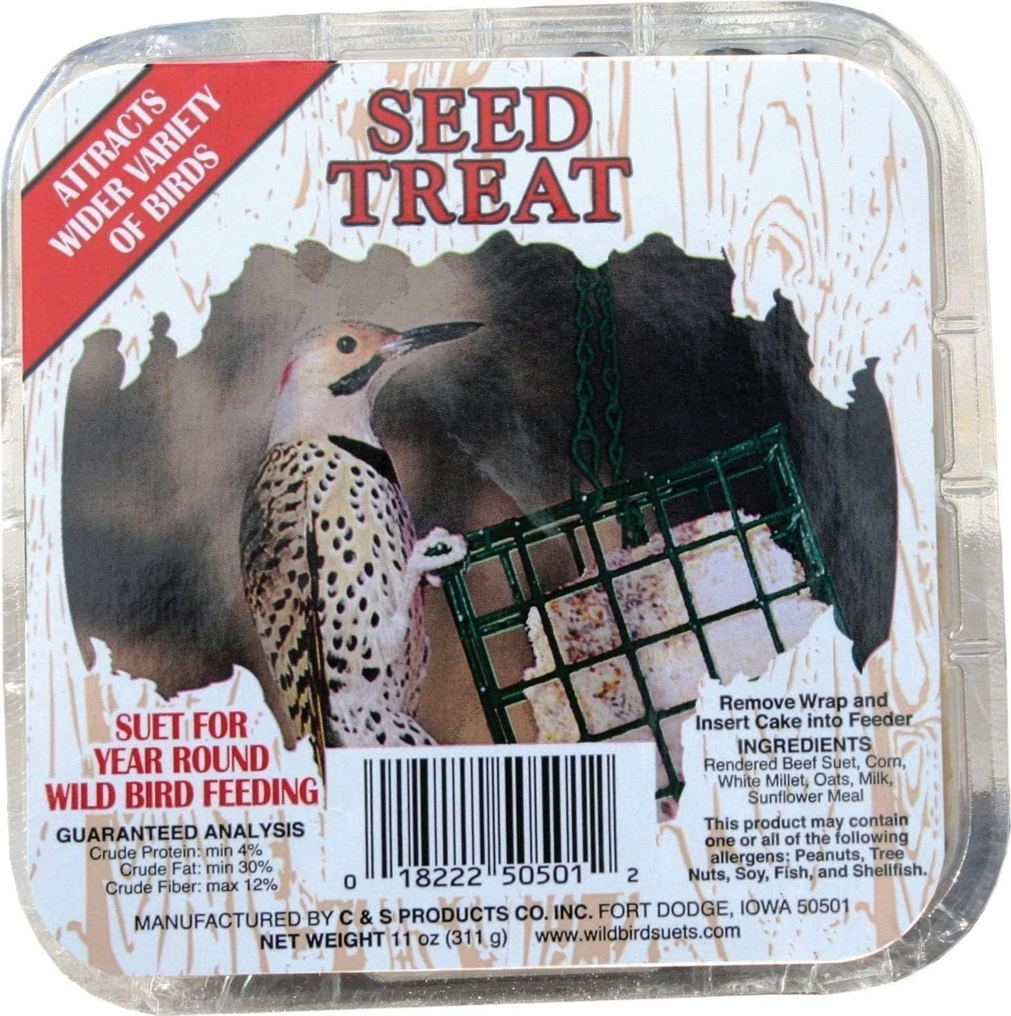 Wild bird suet cake back label in clear tray with feeding and ingredient details