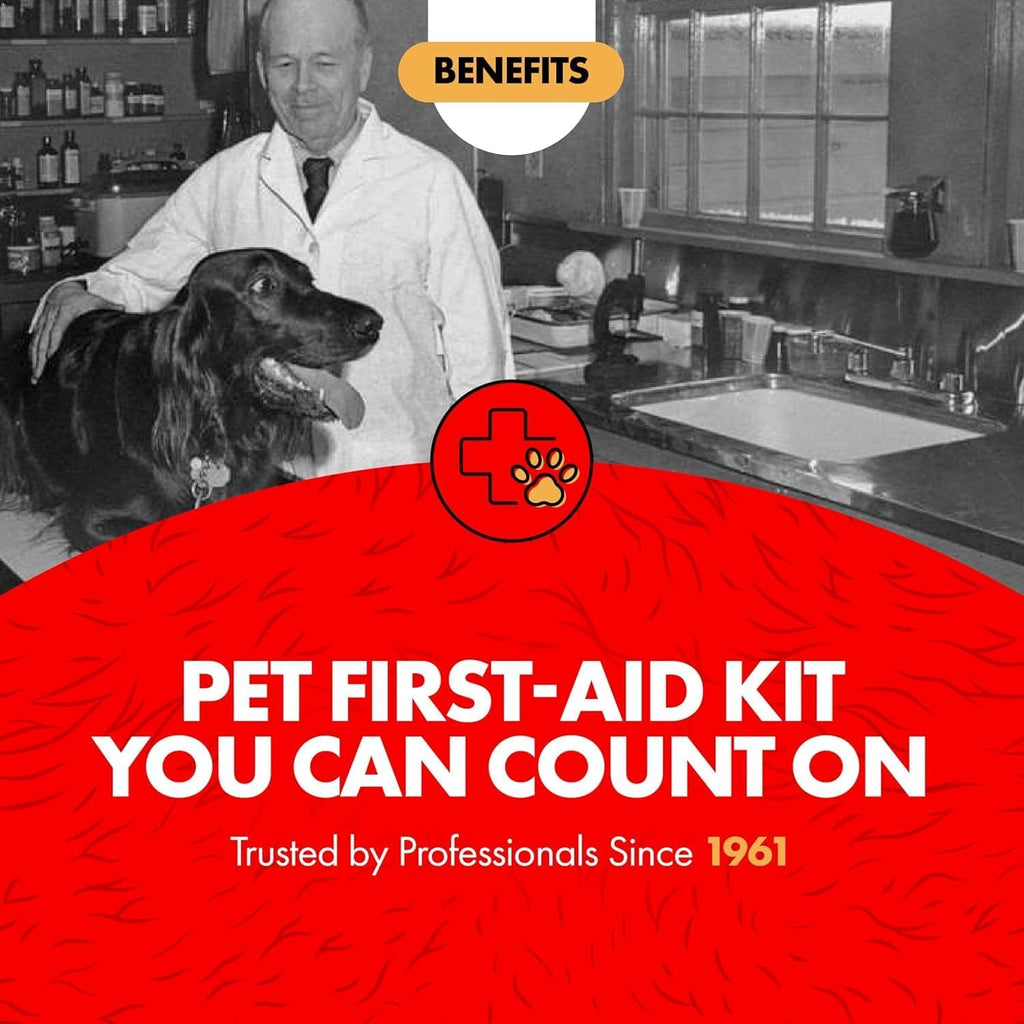 Pet first-aid kit branding with dog and paw icon, trusted by professionals.